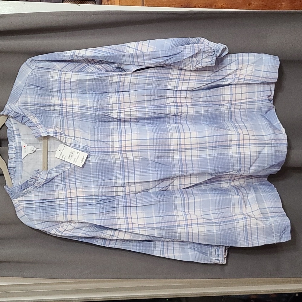 NWT Intro Womens Blouse Blue/White Plaid Pleated V-neck Sz‎ XL